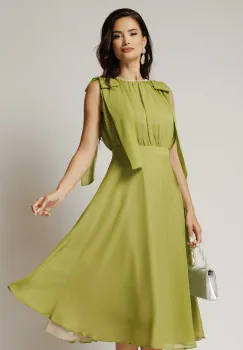 Rochie DY Fashion midi verde fistic din voal in clos cu funde la umeri imagine