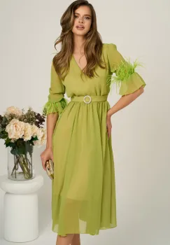 Rochie DY Fashion midi verde lime din voal in clos cu pene la maneci si accesoriu in talie imagine