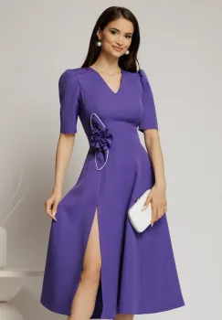 Rochie DY Fashion mov midi cu detaliu floral pe talie si decolteu in V imagine