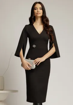 Rochie DY Fashion neagra conica cu maneci crapate si brosa detasabila imagine