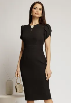 Rochie DY Fashion neagra conica cu maneci scurte lalea si accesoriu la decolteu imagine