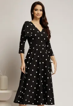 Rochie DY Fashion neagra cu buline albe si funda pe umar imagine