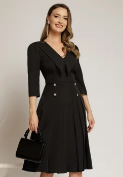 Rochie DY Fashion neagra cu decolteu cu guler ascutit si fusta plisata imagine