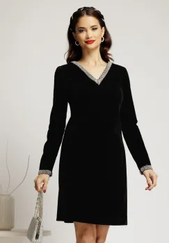 Rochie DY Fashion neagra din catifea fixa cu perle la decolteu si maneci imagine