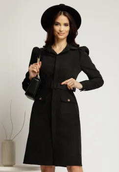 Rochie DY Fashion neagra din catifea reiata tip camasa si curea in talie imagine