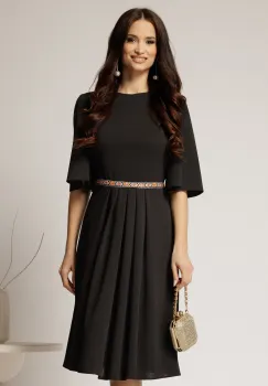 Rochie DY Fashion neagra din crep cu pliuri pe fusta si banda in talie imagine