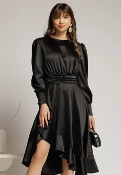 Rochie DY Fashion neagra din satin plin cu croi asimetric imagine