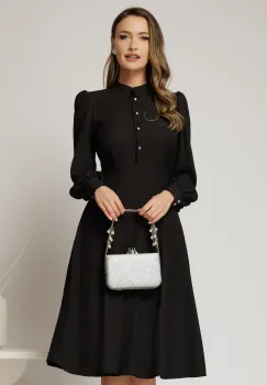 Rochie DY Fashion neagra din triplu voal cu guler tunica si nasturi tip floare imagine