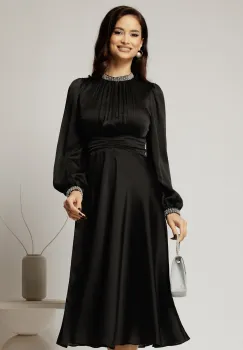 Rochie DY Fashion neagra din voal cu perle la guler si maneci imagine