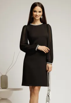 Rochie DY Fashion neagra eleganta cu maneci din voal si aplicatii la decolteu imagine