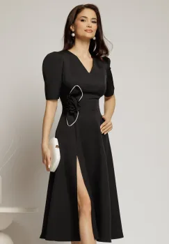 Rochie DY Fashion neagra midi cu detaliu floral pe talie si decolteu in V imagine