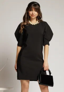 Rochie DY Fashion neagra scurta croi cambrat cu maneci cu design atipic imagine