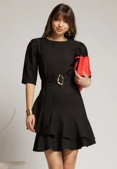 Rochie DY Fashion neagra scurta cu volanase pe fusta si cordon detasabil imagine