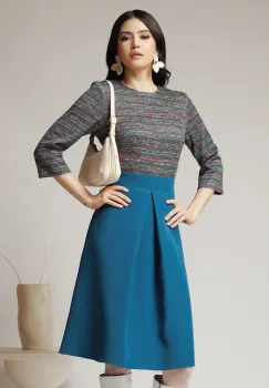 Rochie DY Fashion office cu fusta din stofa turcoaz si bust din jerse cu imprimeu imagine