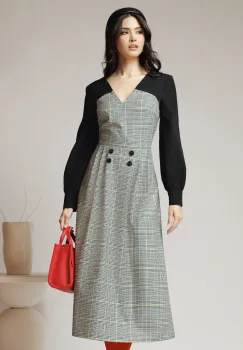 Rochie DY Fashion office din stofa alba cu imprimeu pepit si maneci negre imagine