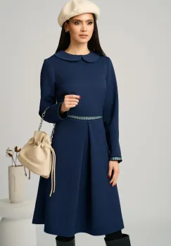 Rochie DY Fashion office din stofa bleumarin cu banda in talie imagine