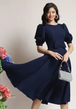 Rochie DY Fashion office din stofa bleumarin cu funda in talie imagine