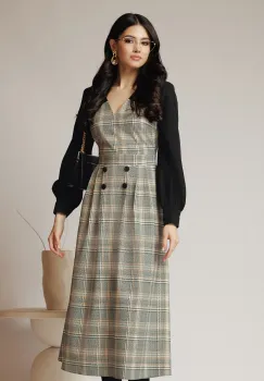 Rochie DY Fashion office din stofa cu carouri bej si maneci negre imagine