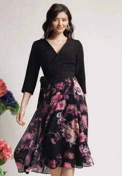 Rochie DY Fashion office din stofa si voal neagra cu imprimeu pe fusta imagine