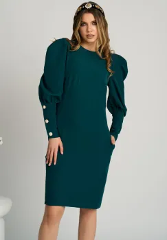 Rochie DY Fashion office din stofa verde cu nasturi pe maneci imagine
