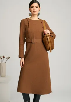 Rochie DY Fashion office din tweed maro cu nasturi pe bust si curea in talie imagine