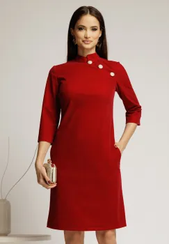 Rochie DY Fashion rosie din catifea fixa cu guler tunica si nasturi imagine