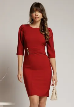Rochie DY Fashion rosu inchis conica cu nasturi aurii pe talie imagine