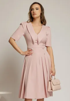 Rochie DY Fashion roz cu decolteu cu guler ascutit si fusta plisata imagine