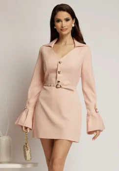 Rochie DY Fashion roz cu maneci evazate si decolteu cu guler imagine