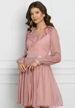 Rochie DY Fashion roz cu volan si strasuri imagine