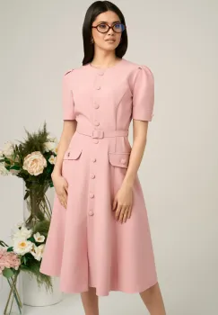 Rochie Dy Fashion roz de zi cu nasturi si curea in talie imagine