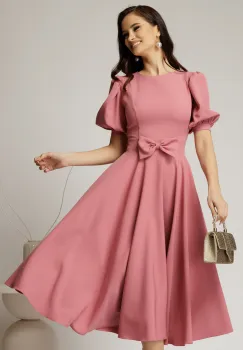 Rochie DY Fashion roz din stofa in clos cu funda in talie imagine