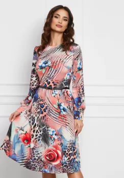 Rochie Dy Fashion roz somon cu imprimeu albastru si decupaj pe maneci imagine