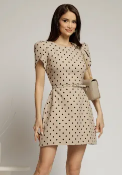 Rochie DY Fashion scurta bej cu buline si maneci tip lalea imagine