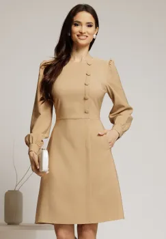 Rochie DY Fashion scurta bej cu nasturi pe bust si fusta tip A imagine