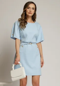 Rochie DY Fashion scurta bleu cu buzunare pe fusta si maneci scurte imagine