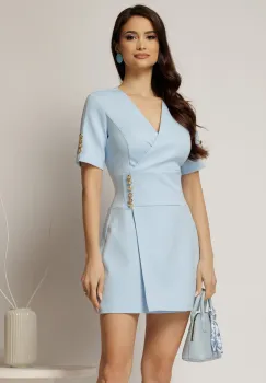 Rochie DY Fashion scurta bleu cu decolteu petrecut si nasturi pe maneci imagine