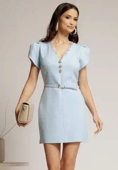 Rochie DY Fashion scurta bleu cu decolteu V si dantela imagine