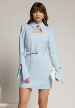 Rochie DY Fashion scurta bleu cu guler tip camasa si accesoriu imagine