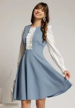 Rochie DY Fashion scurta bleu cu maneci lungi din poplin si volanase imagine