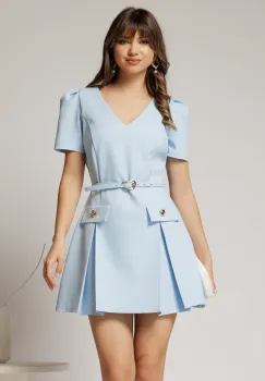 Rochie DY Fashion scurta bleu cu pliuri si decolteu in V imagine