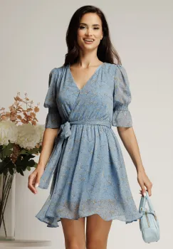 Rochie DY Fashion scurta bleu din voal cu imprimeu gri si cordon in talie imagine