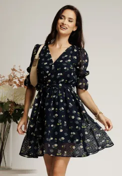 Rochie DY Fashion scurta bleumarin din voal cu floricele si cordon in talie imagine