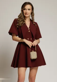 Rochie DY Fashion scurta bordo cu guler ascutit si nasturi imagine