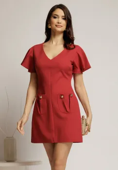 Rochie DY Fashion scurta caramizie cu croi drept si buzunare pe fusta imagine