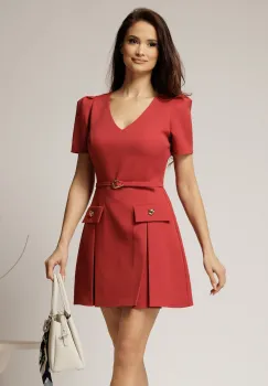 Rochie DY Fashion scurta caramizie cu pliuri si decolteu in V imagine