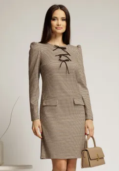 Rochie DY Fashion scurta din stofa carou negru maro cu funde pe bust imagine