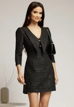 Rochie DY Fashion scurta din tweed neagra cu gulerul ascutit si nasturi la bust imagine