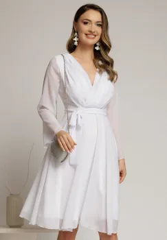 Rochie DY Fashion scurta din voal alb cu decolteu petrecut si cordon in talie imagine