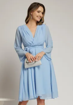 Rochie DY Fashion scurta din voal bleu cu decolteu petrecut si cordon in talie imagine